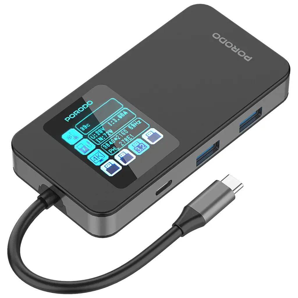 Porodo 6-In-1 Multi-Port USB-C Hub with Smart Digital Display - Gray