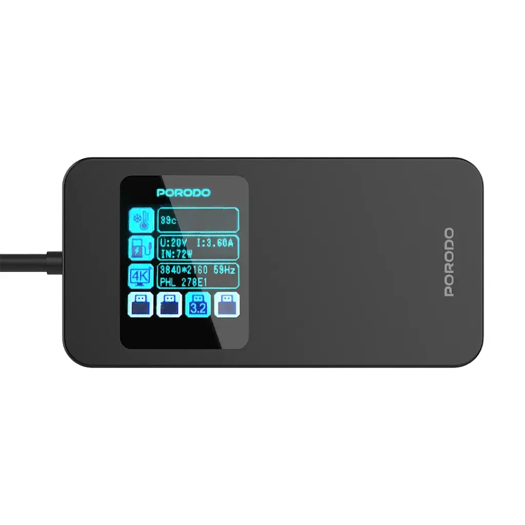 Porodo 6-In-1 Multi-Port USB-C Hub with Smart Digital Display - Gray