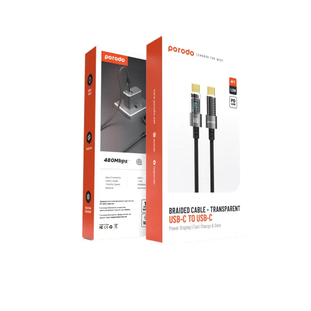 PD-60CCD-BK | Porodo Braided Cable - Transparent USB-C To USB-C | 4ft/1.2m | Black - GulfStore.com