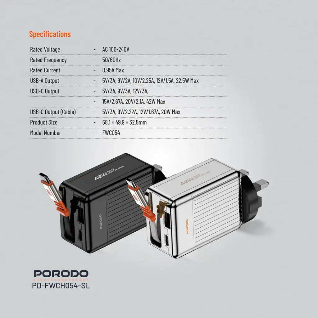 PD-FWCH054-SL , Porodo 75cm Retractable Type-C Super Quick GaN Charger-Silver