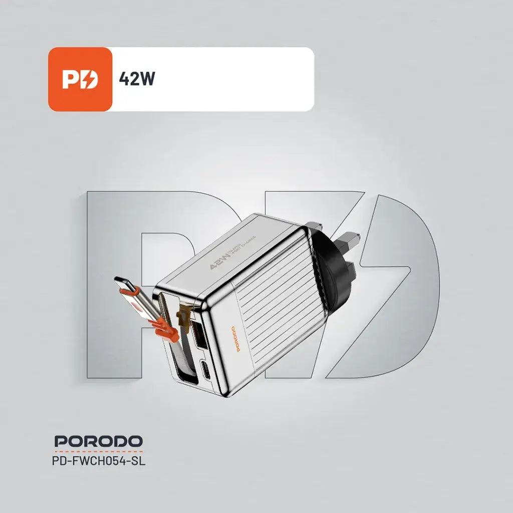 PD-FWCH054-SL , Porodo 75cm Retractable Type-C Super Quick GaN Charger-Silver