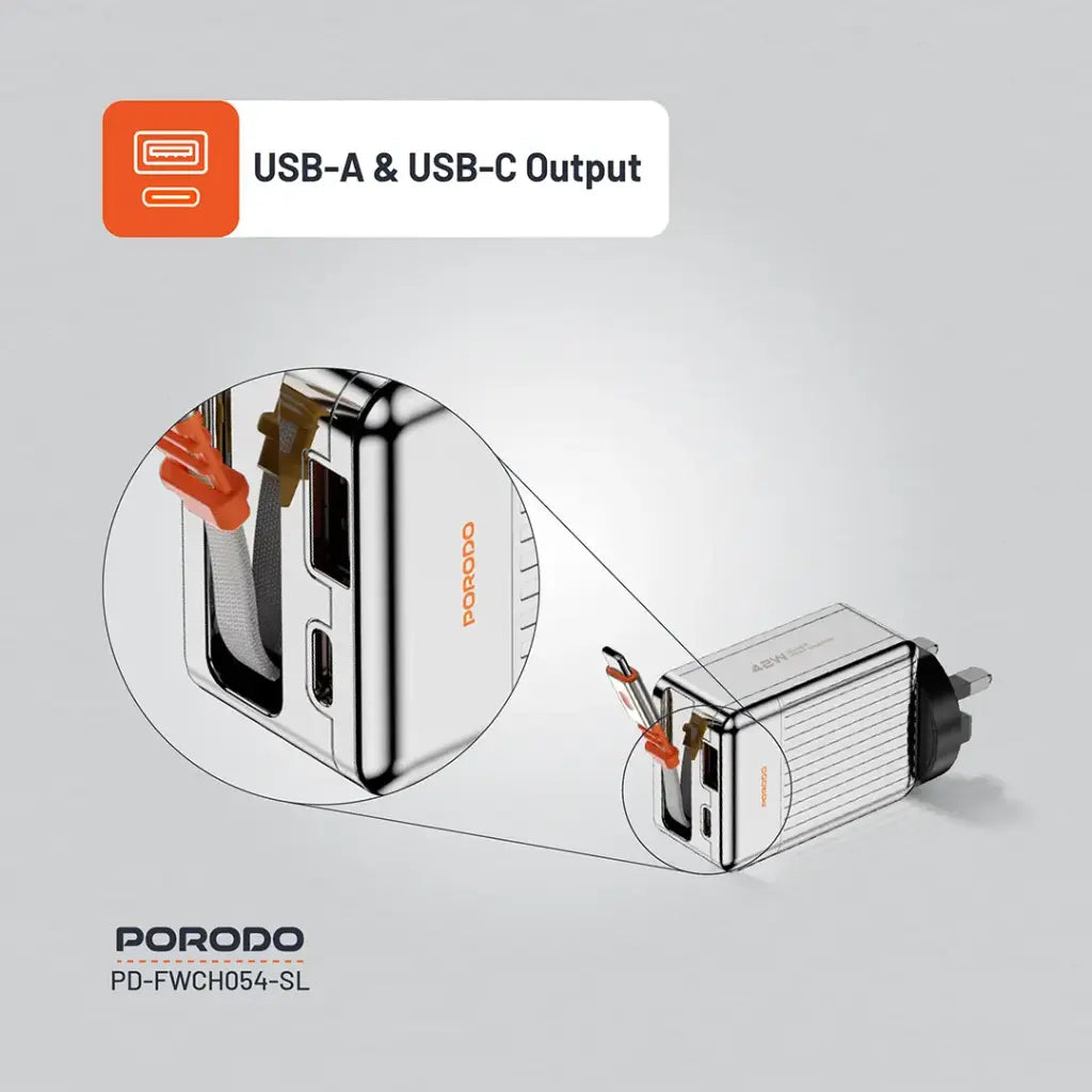 PD-FWCH054-SL , Porodo 75cm Retractable Type-C Super Quick GaN Charger-Silver