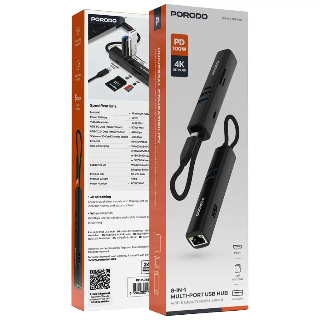 PD35038IN1 | Porodo 8-IN-1 Multi-Port USB Hub With 5Gbps Transfer Speed | Black - GulfStore.com