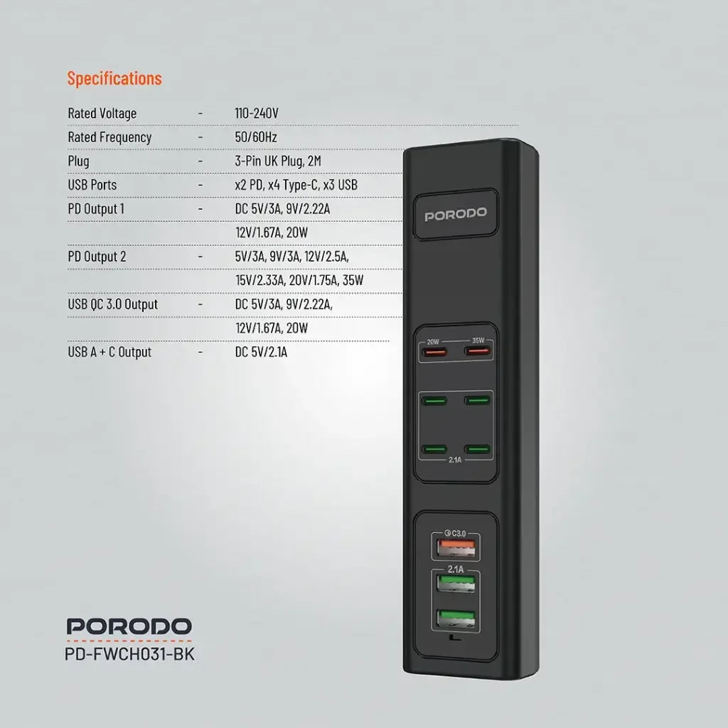 PD-FWCH031-BK , Porodo FWC031 85W Multi-Port USB Charging Hub - Black