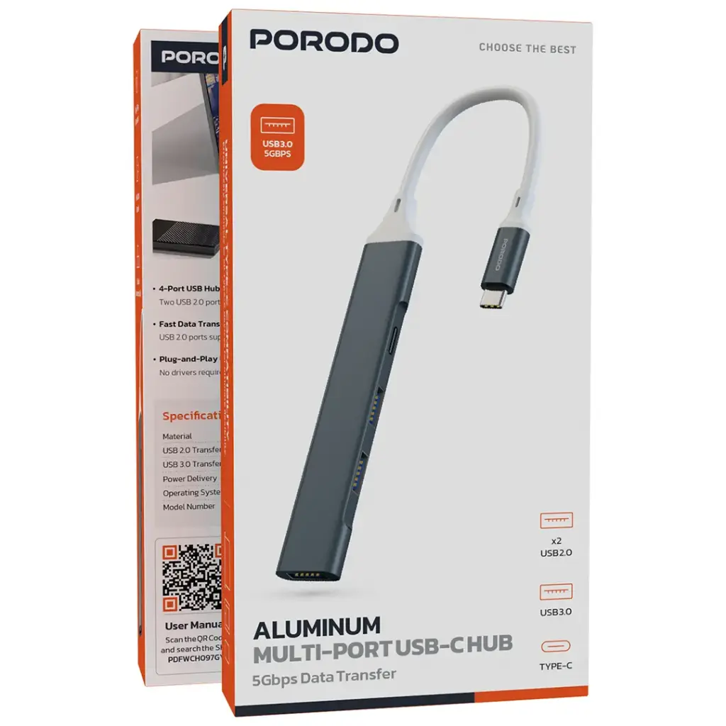 PDFWCH097-GY | Porodo Aluminum Multi-Port Usb-c Hub | Gray