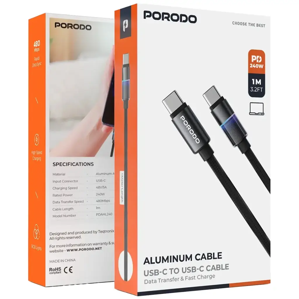 PDAHL240BK | PDAHL240BK | Porodo Aluminum Cable USB-C To USB-C Cable 240W | Black