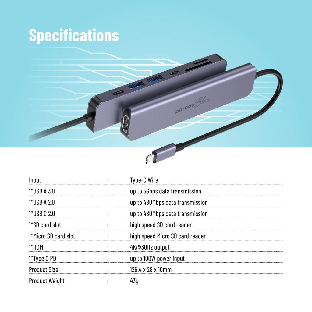 PB-71HBC-BK | موزع USB-C من بورودو أزرق، 7 منافذ، بدقة 4K، ومنفذ HDMI مزدوج، ومنفذ USB-C | أسود