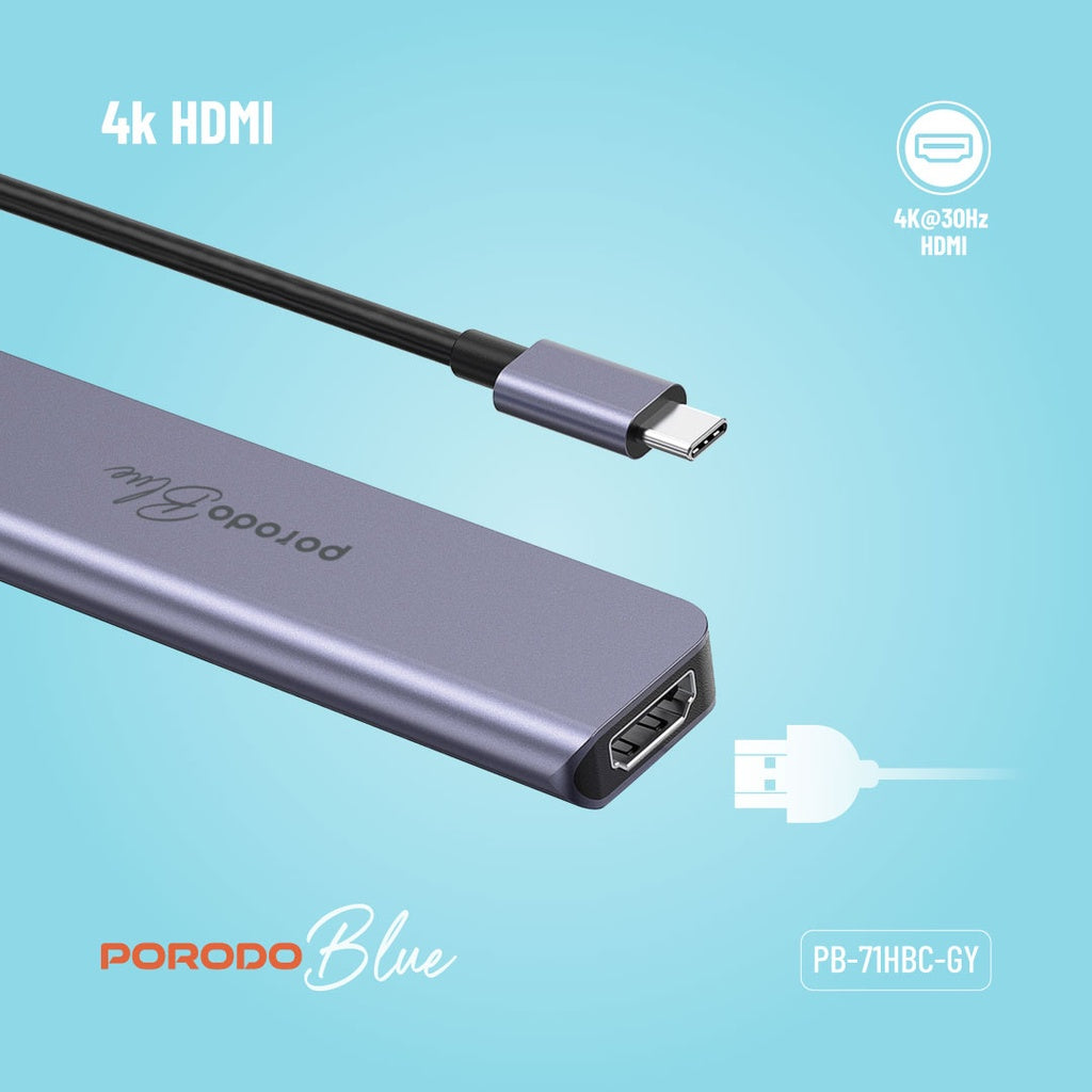 PB-71HBC-BK | موزع USB-C من بورودو أزرق، 7 منافذ، بدقة 4K، ومنفذ HDMI مزدوج، ومنفذ USB-C | أسود