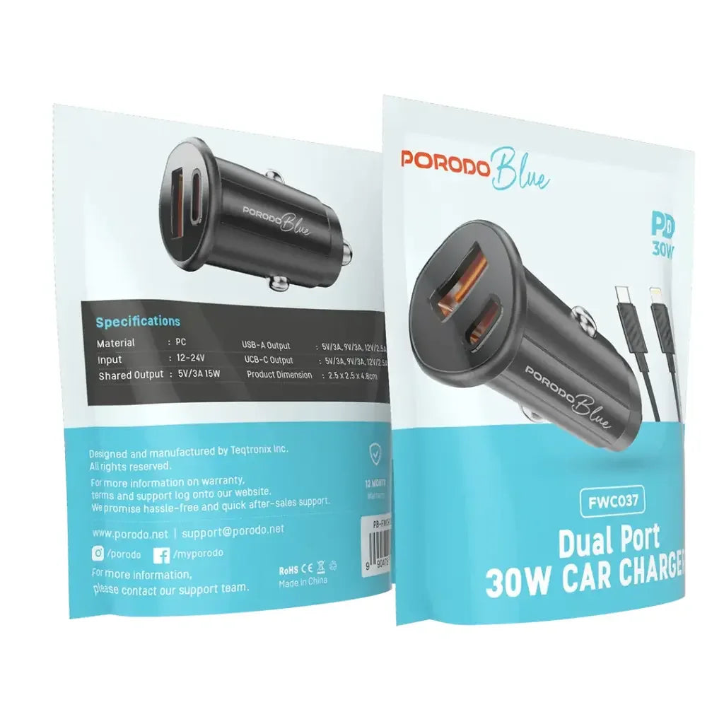 PB-FWCH037-BK-L , Porodo Blue Dual Port 30W Car Charger with C-L Cable - Black