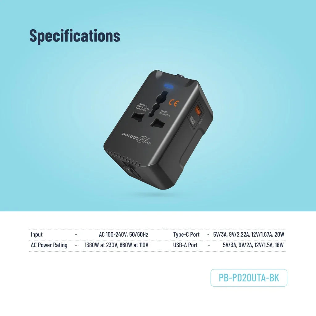 PB-PD20UTA-BK , Porodo Blue PD20 Universal Travel Adapter - Black
