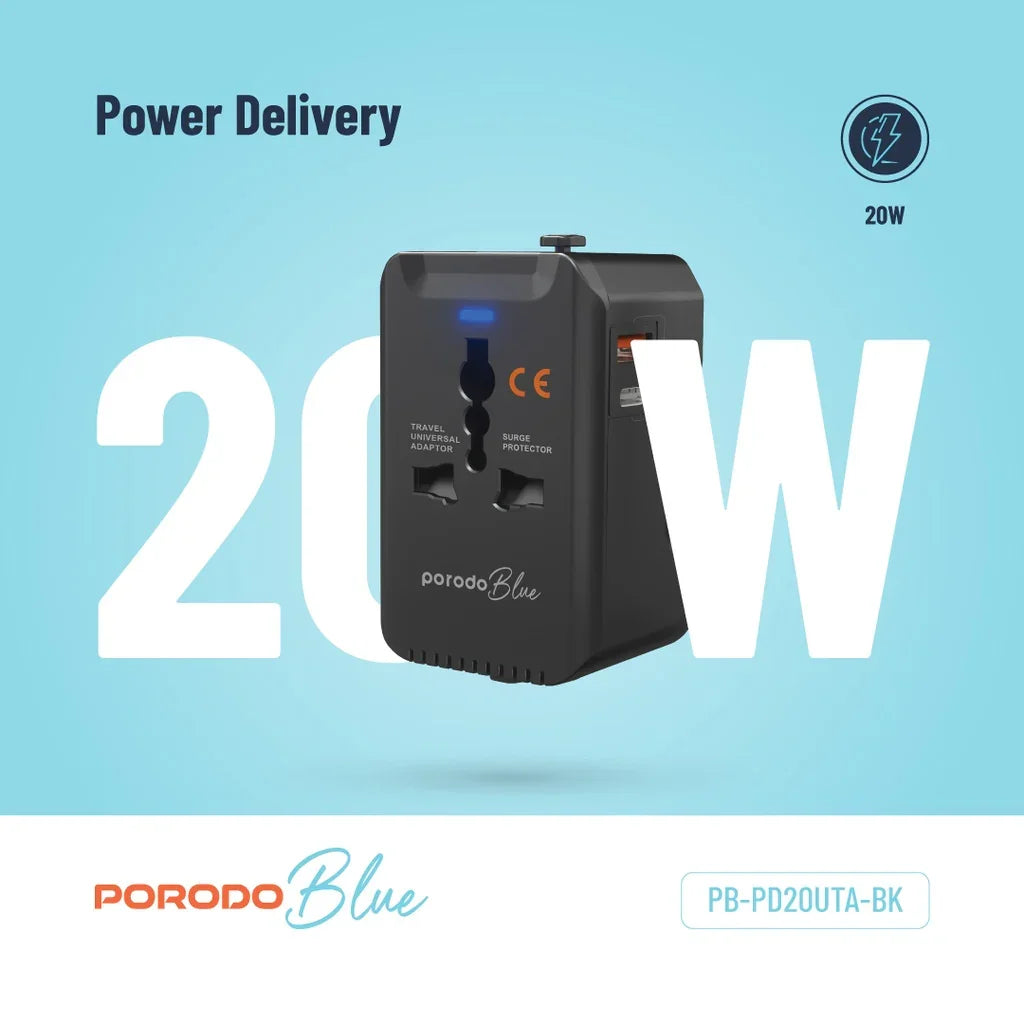 PB-PD20UTA-BK , Porodo Blue PD20 Universal Travel Adapter - Black