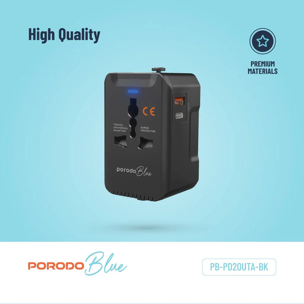 PB-PD20UTA-BK , Porodo Blue PD20 Universal Travel Adapter - Black