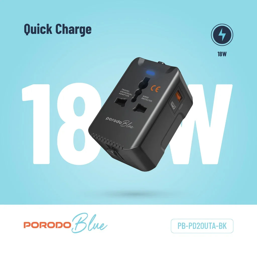 PB-PD20UTA-BK , Porodo Blue PD20 Universal Travel Adapter - Black