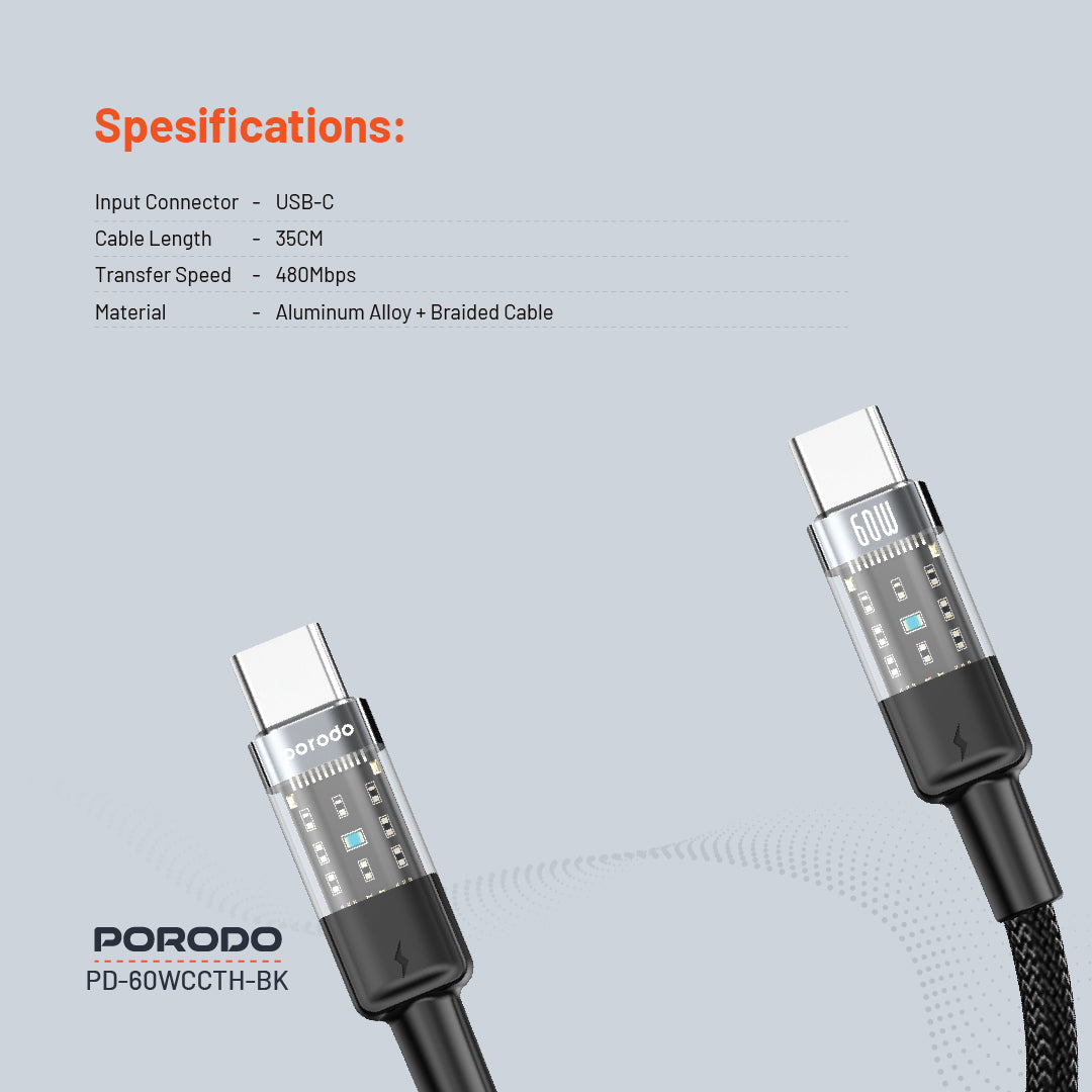 PD-60WCCTH-BK | كابل بورودو مضفر شفاف USB-C إلى USB-C للشحن السريع ونقل البيانات، طوله 35 سم/1.1 قدم | أسود