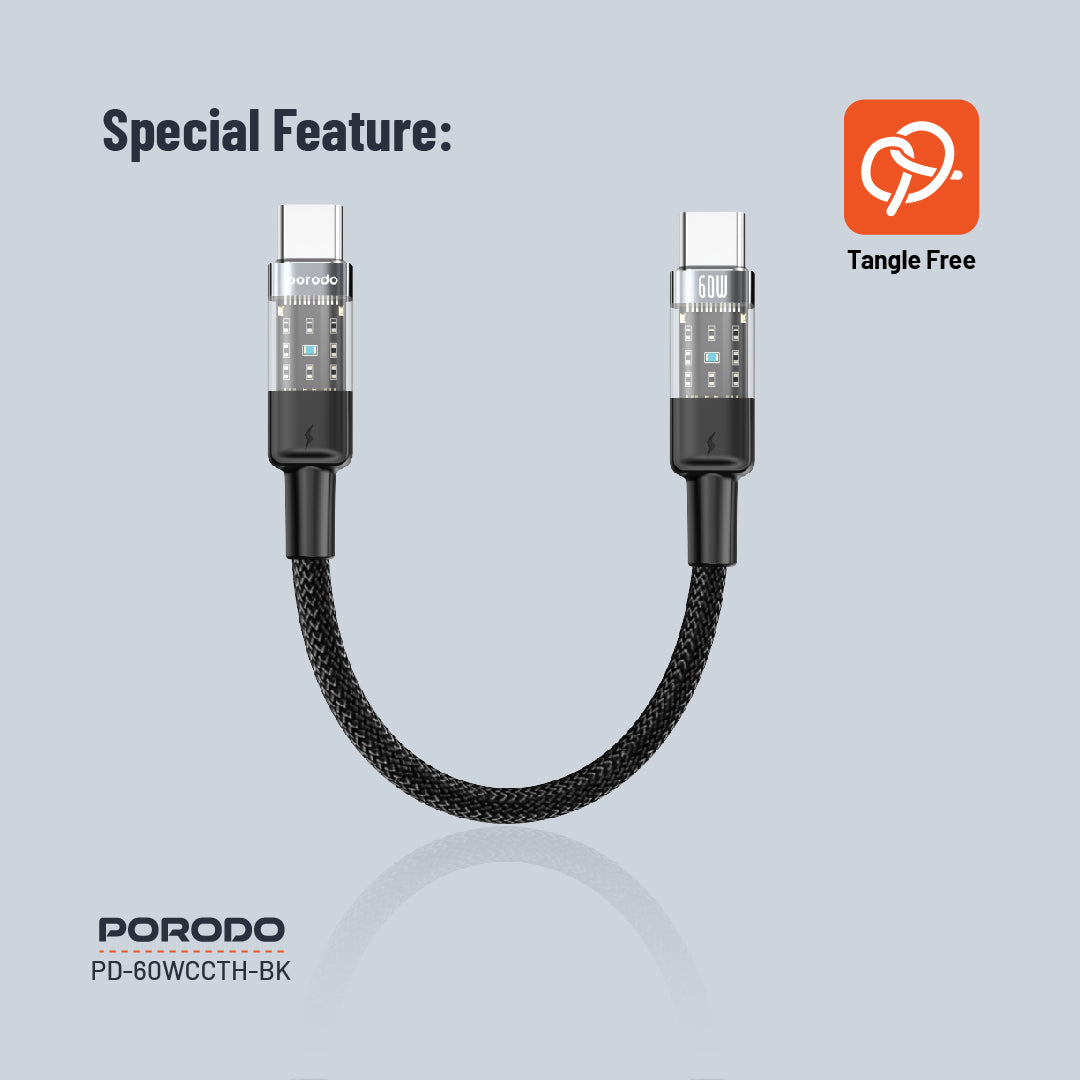 PD-60WCCTH-BK | كابل بورودو مضفر شفاف USB-C إلى USB-C للشحن السريع ونقل البيانات، طوله 35 سم/1.1 قدم | أسود