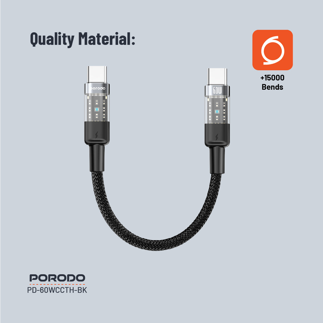 PD-60WCCTH-BK | كابل بورودو مضفر شفاف USB-C إلى USB-C للشحن السريع ونقل البيانات، طوله 35 سم/1.1 قدم | أسود