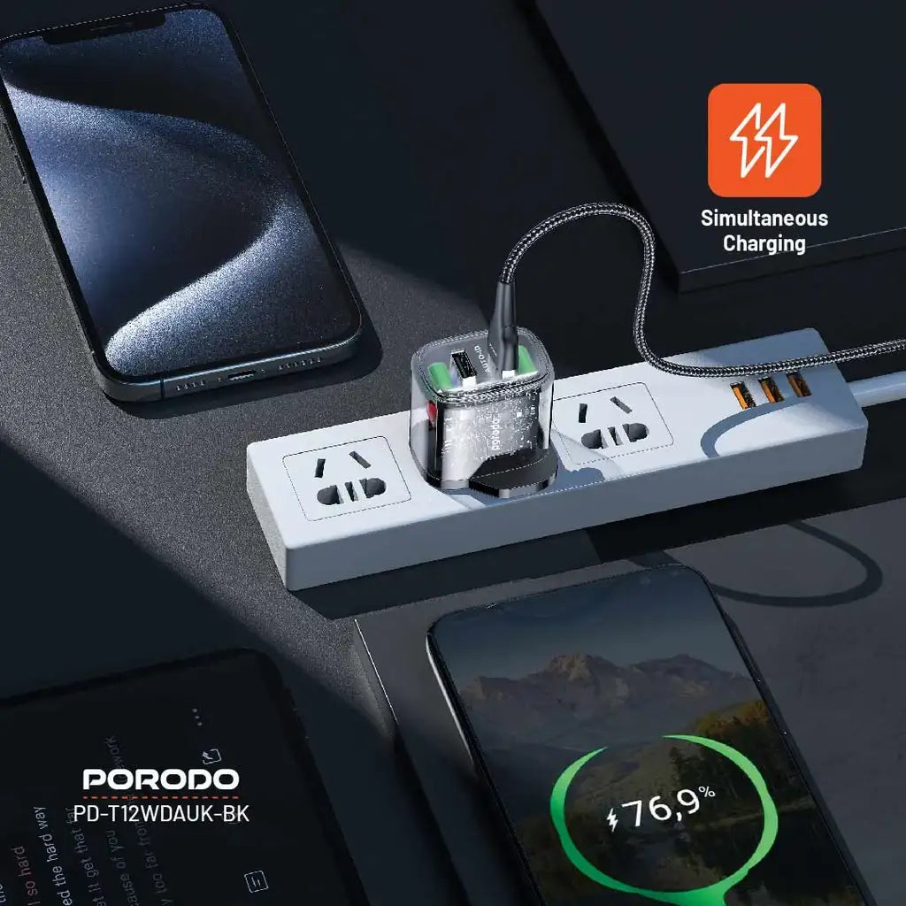 PD-T12WDAUK-BK , Porodo Dual Output Transparent Charger With 2.4A Auto ID Technology UK - Transparent - GulfStore.com