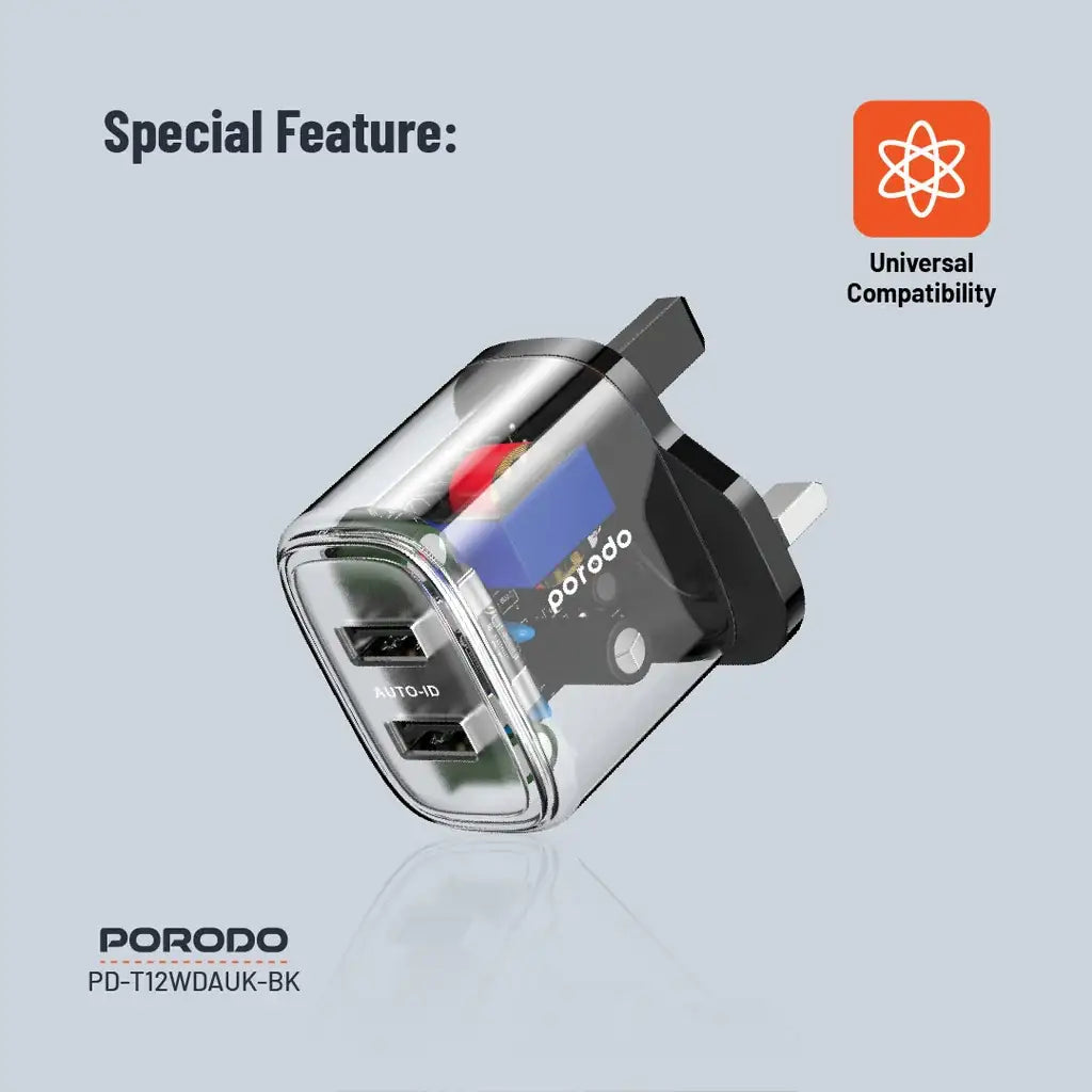 PD-T12WDAUK-BK , Porodo Dual Output Transparent Charger With 2.4A Auto ID Technology UK - Transparent - GulfStore.com