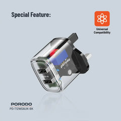 PD-T12WDAUK-BK , Porodo Dual Output Transparent Charger With 2.4A Auto ID Technology UK - Transparent - GulfStore.com
