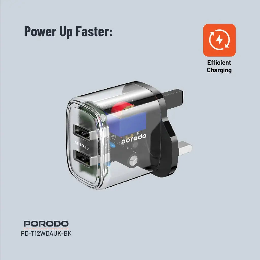 PD-T12WDAUK-BK , Porodo Dual Output Transparent Charger With 2.4A Auto ID Technology UK - Transparent - GulfStore.com
