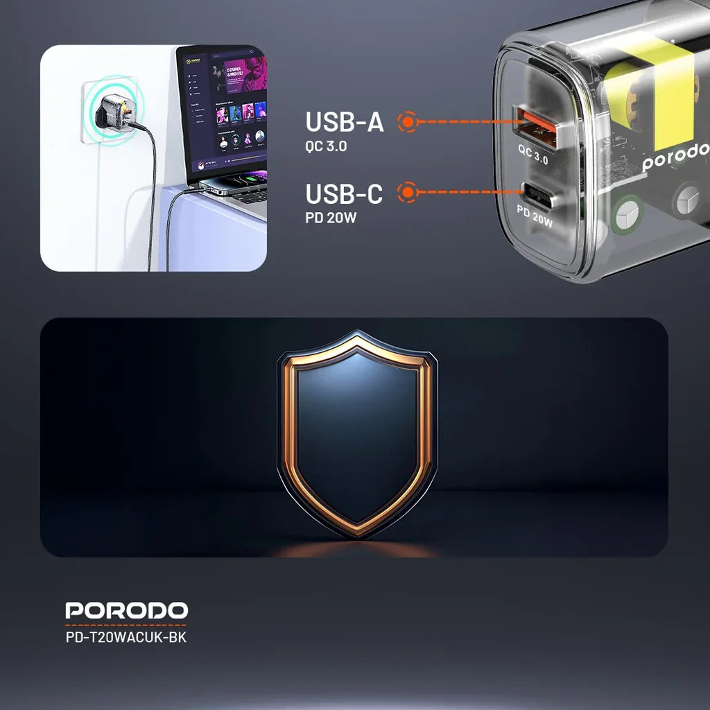 شاحن بورودو السريع الشفاف ثنائي المخرج USB-C PD وUSB-A QC المملكة المتحدة (PD-T20WACUK-BK) 