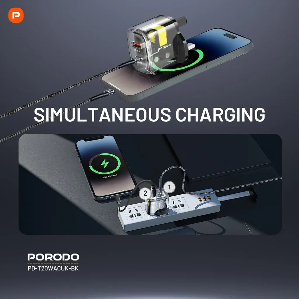 شاحن بورودو السريع الشفاف ثنائي المخرج USB-C PD وUSB-A QC المملكة المتحدة (PD-T20WACUK-BK) 