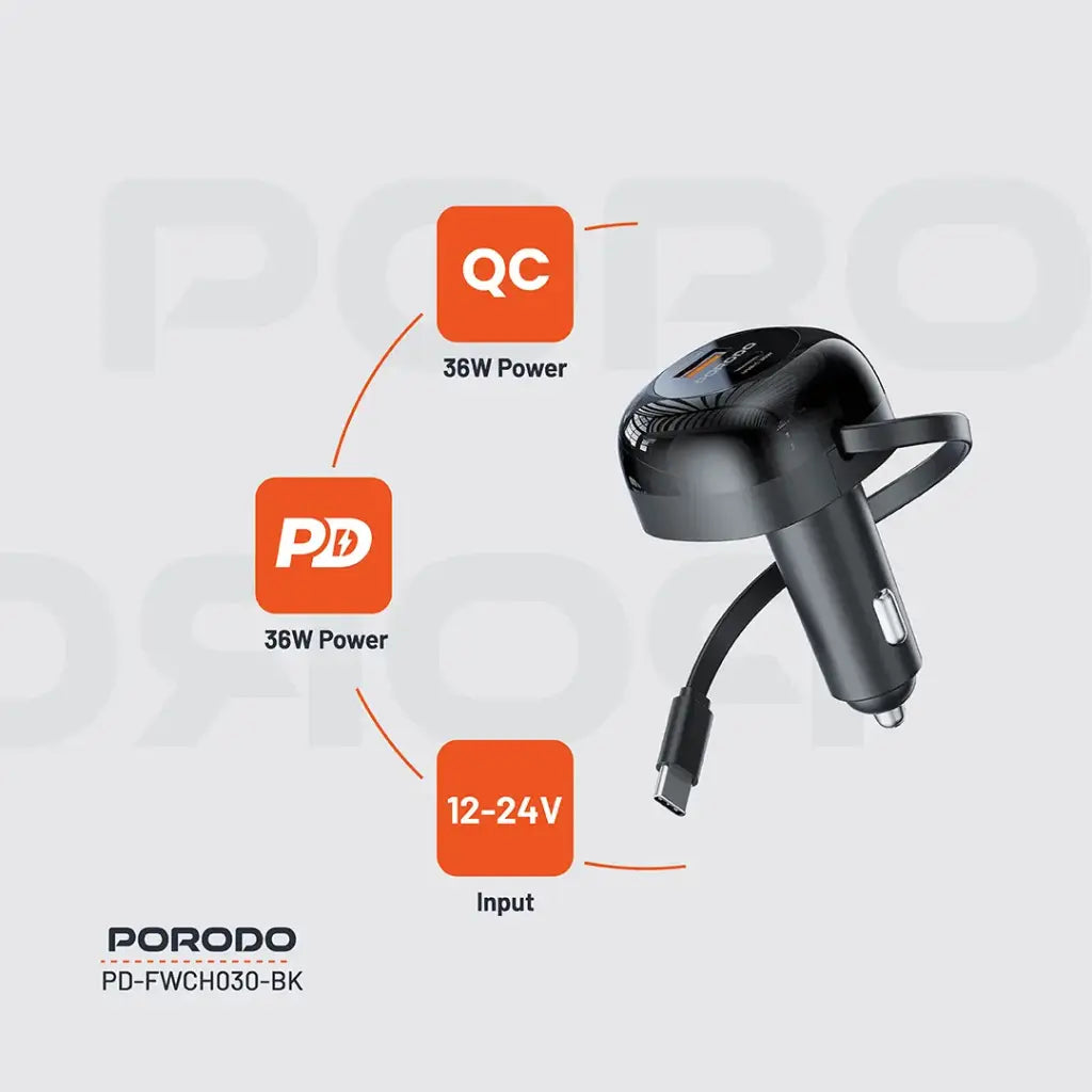 PD-FWCH030-BK , Porodo FWC030 Dual Port Car Charger 80CM Retractable Type-C Cable
