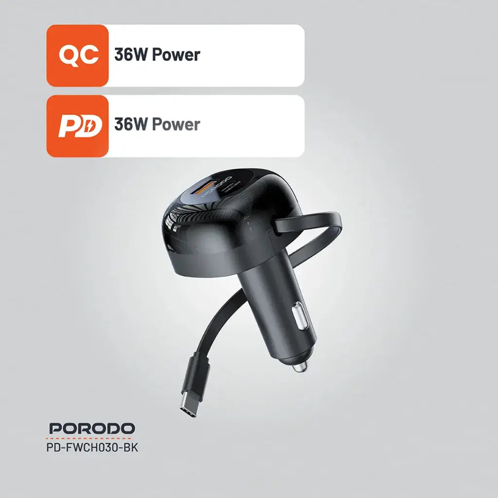 PD-FWCH030-BK , Porodo FWC030 Dual Port Car Charger 80CM Retractable Type-C Cable