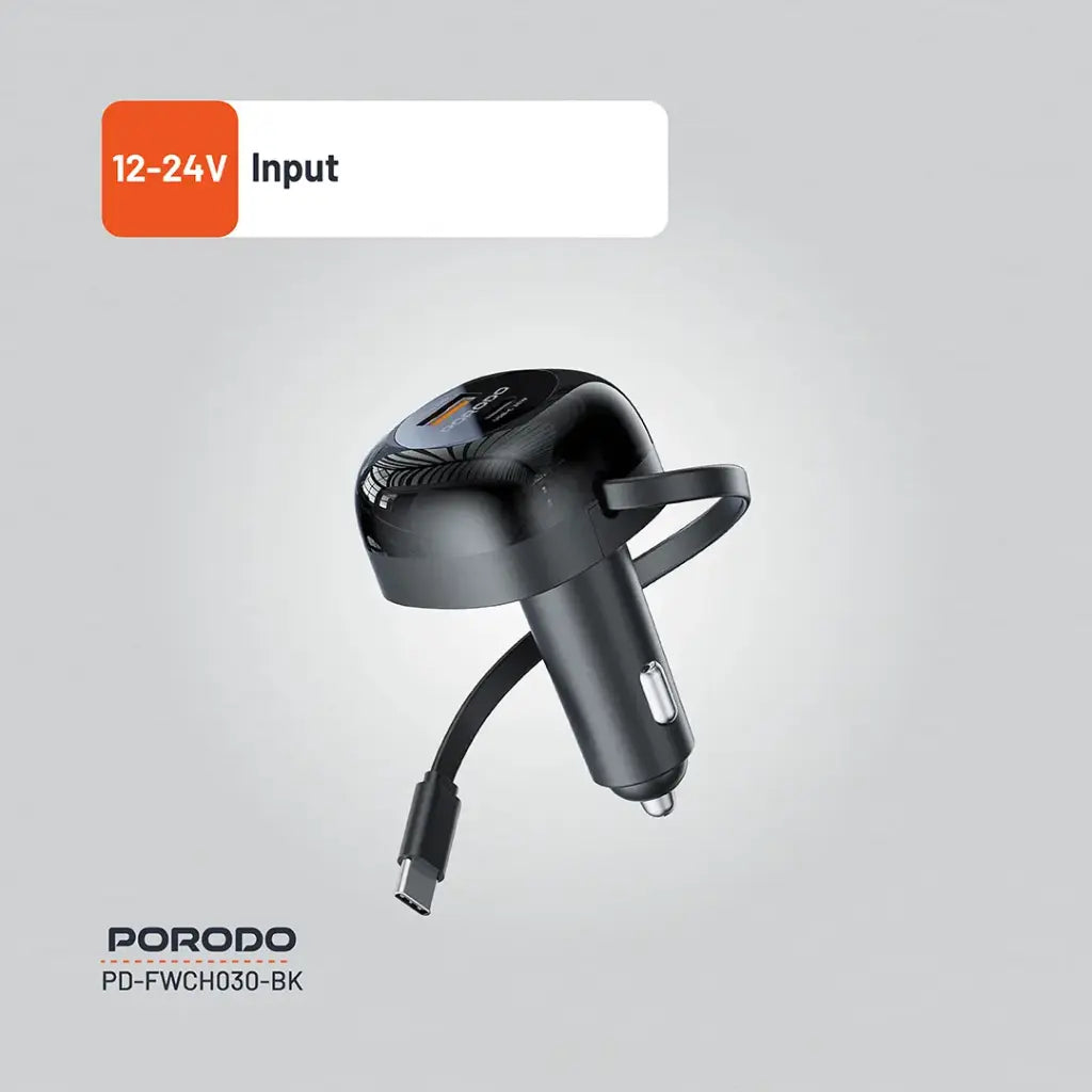PD-FWCH030-BK , Porodo FWC030 Dual Port Car Charger 80CM Retractable Type-C Cable