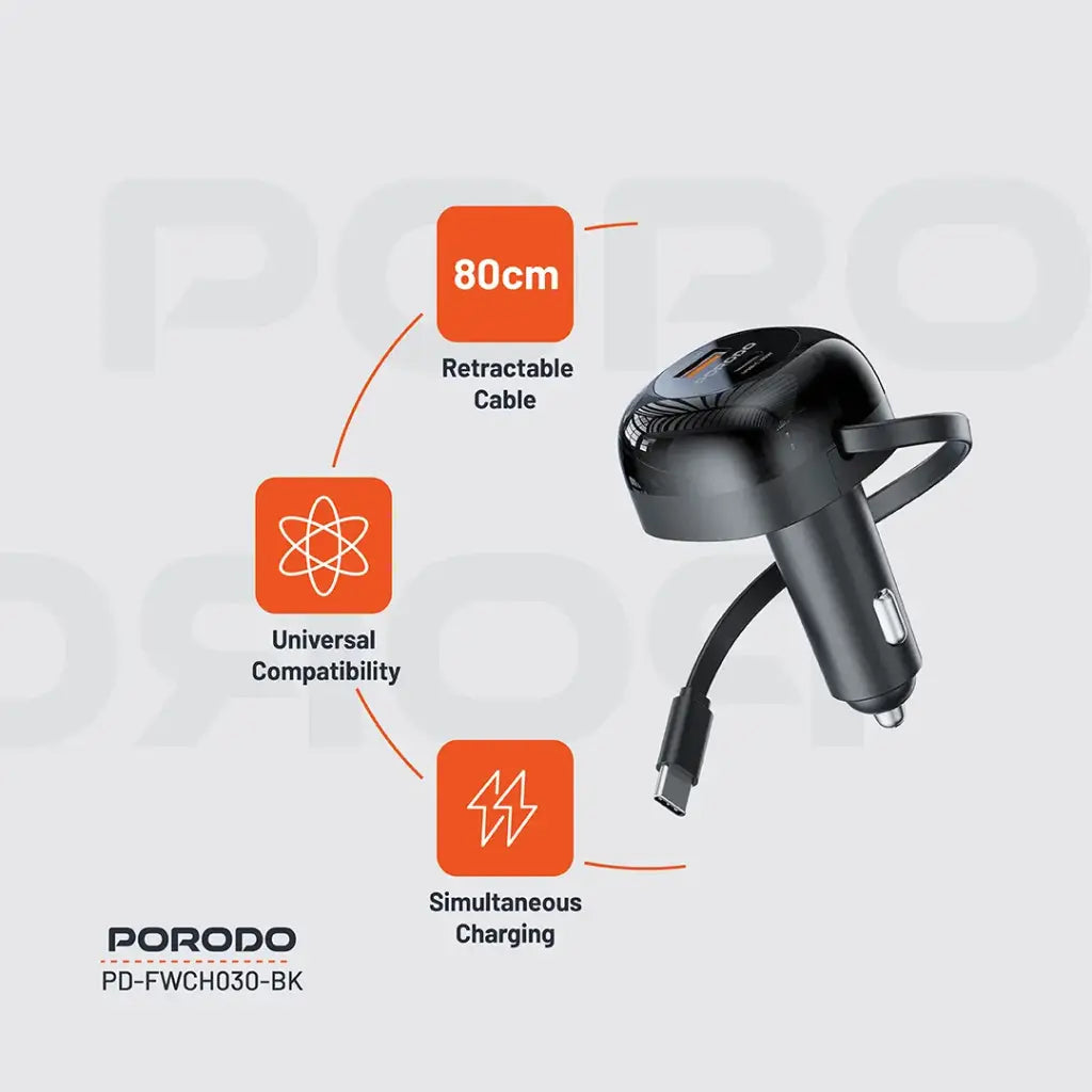 PD-FWCH030-BK , Porodo FWC030 Dual Port Car Charger 80CM Retractable Type-C Cable