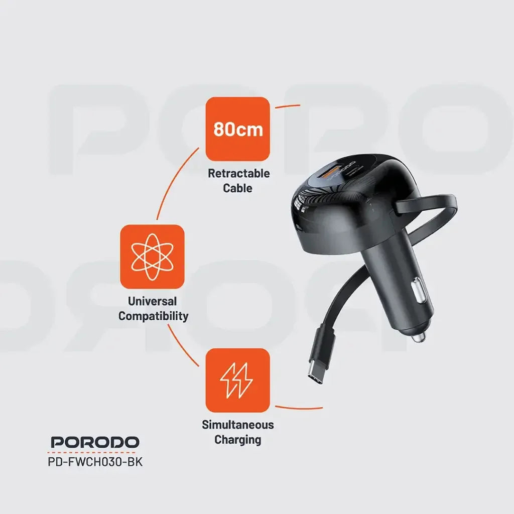 PD-FWCH030-BK , Porodo FWC030 Dual Port Car Charger 80CM Retractable Type-C Cable