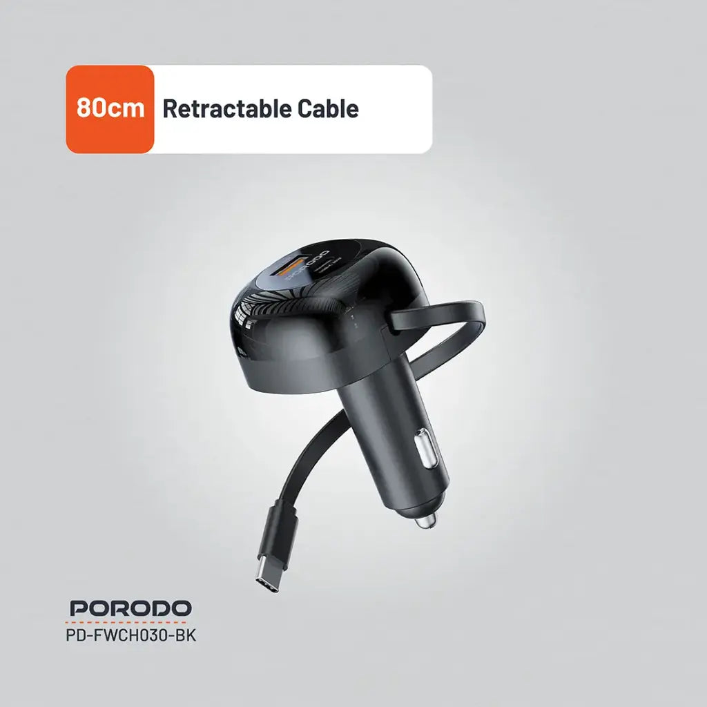 PD-FWCH030-BK , Porodo FWC030 Dual Port Car Charger 80CM Retractable Type-C Cable