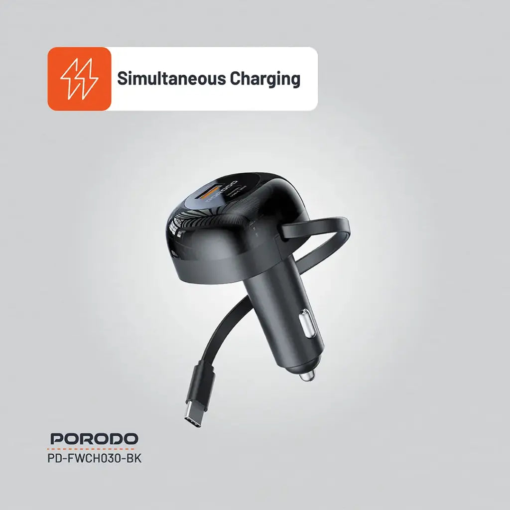 PD-FWCH030-BK , Porodo FWC030 Dual Port Car Charger 80CM Retractable Type-C Cable