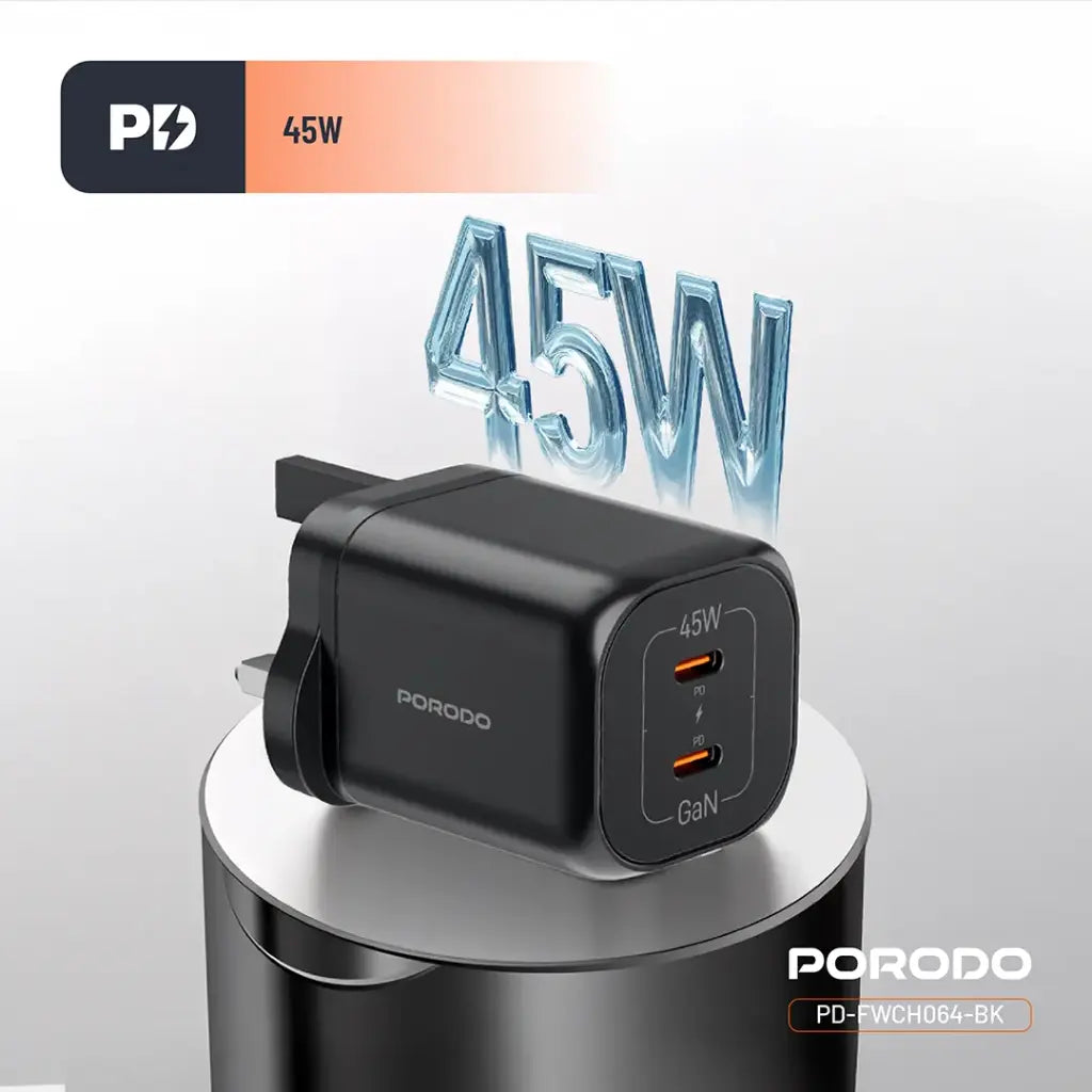 PD-FWCH064-BK | Porodo Dual USB-C Quick Charger | Black - GulfStore.com
