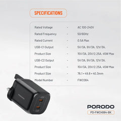PD-FWCH064-BK | Porodo Dual USB-C Quick Charger | Black - GulfStore.com