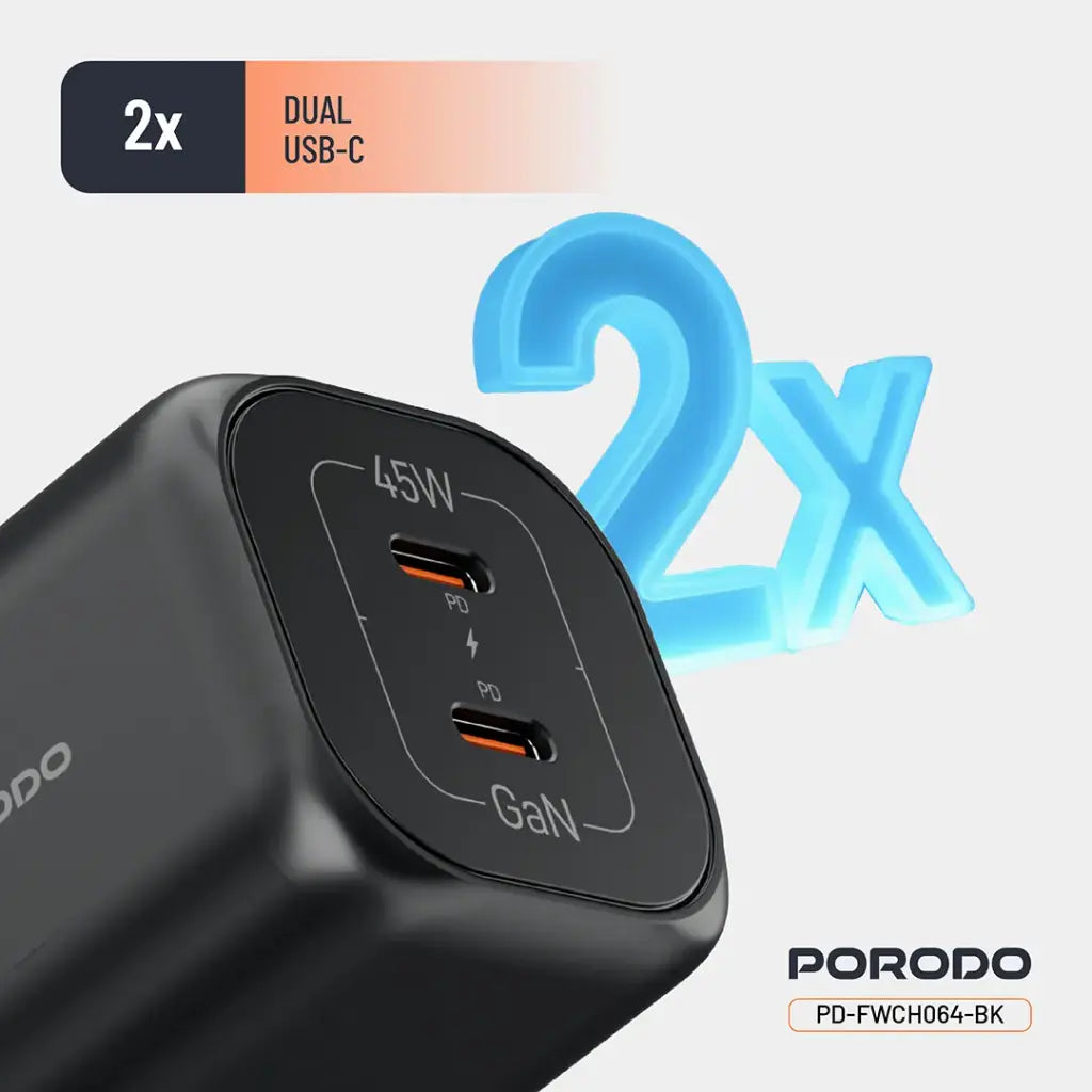 PD-FWCH064-BK | Porodo Dual USB-C Quick Charger | Black - GulfStore.com