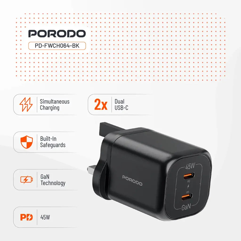 PD-FWCH064-BK | Porodo Dual USB-C Quick Charger | Black - GulfStore.com