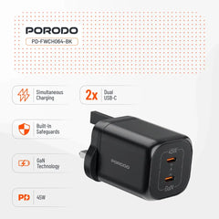 PD-FWCH064-BK | Porodo Dual USB-C Quick Charger | Black - GulfStore.com