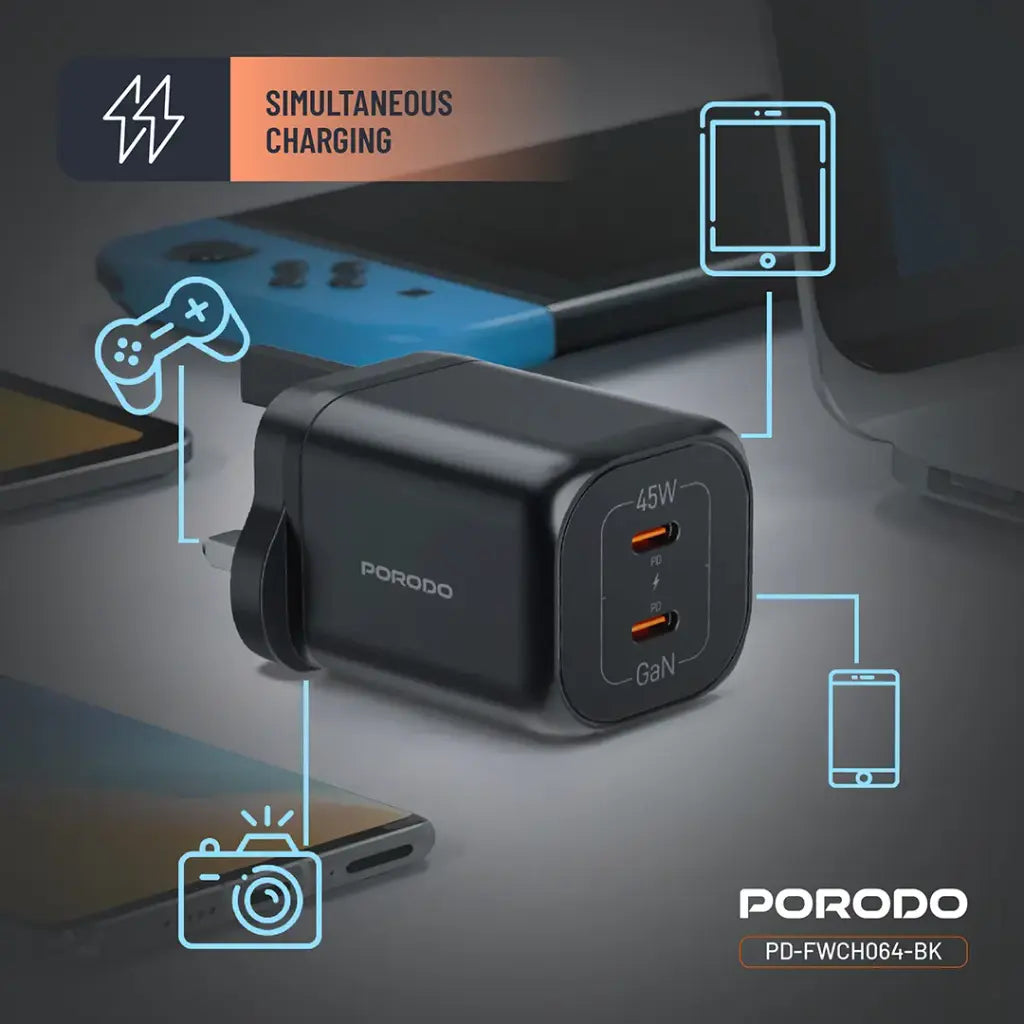 PD-FWCH064-BK | Porodo Dual USB-C Quick Charger | Black - GulfStore.com