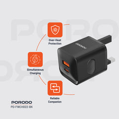 PD-FWCH022-BK | Porodo Dual Port Wall Chager UK PD + QC 20W | Black