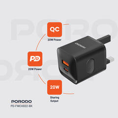 PD-FWCH022-BK | Porodo Dual Port Wall Chager UK PD + QC 20W | Black