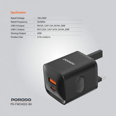 PD-FWCH022-BK | Porodo Dual Port Wall Chager UK PD + QC 20W | Black