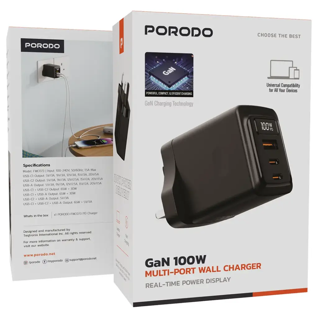 PDFWCH073BK | شاحن حائط متعدد المنافذ من بورودو GaN بقوة 100 واط | أسود