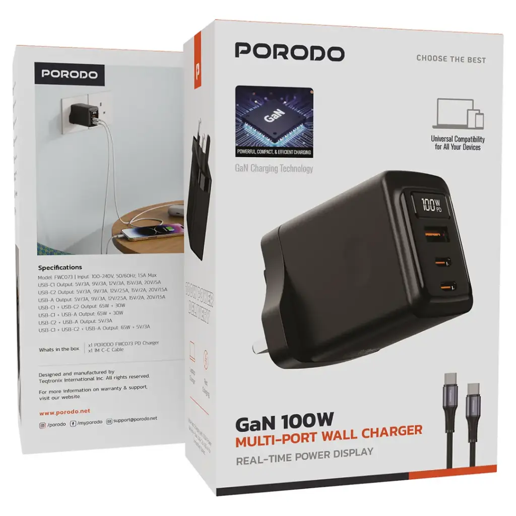 PDFWCH073CBK | شاحن حائط متعدد المنافذ من بورودو GaN بقوة 100 واط | أسود