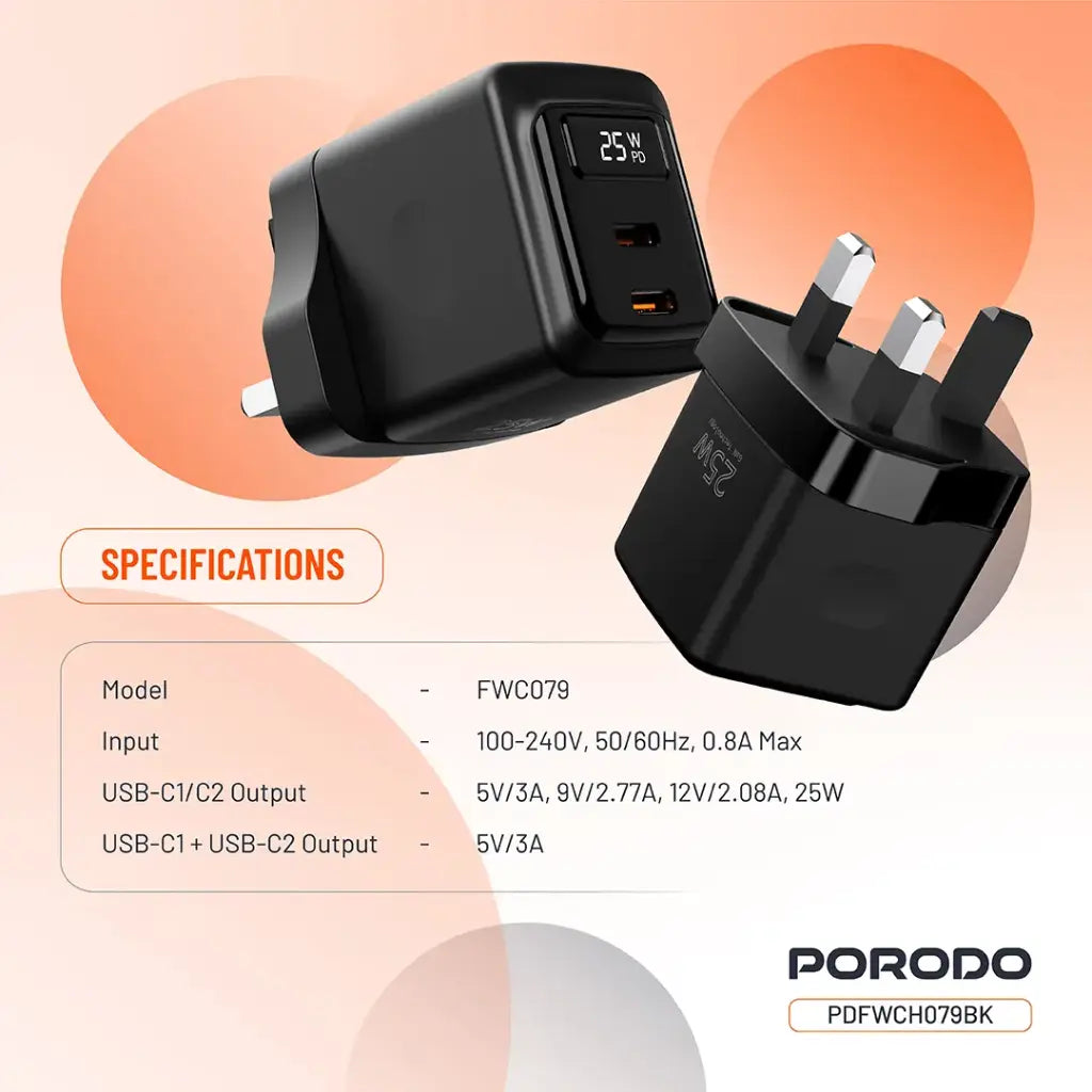 PDFWCH079BK| Porodo Gan 25W Dual Usb-C Wall Charger | Black