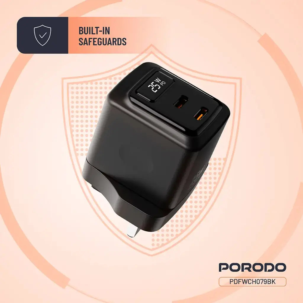 PDFWCH079BK| Porodo Gan 25W Dual Usb-C Wall Charger | Black
