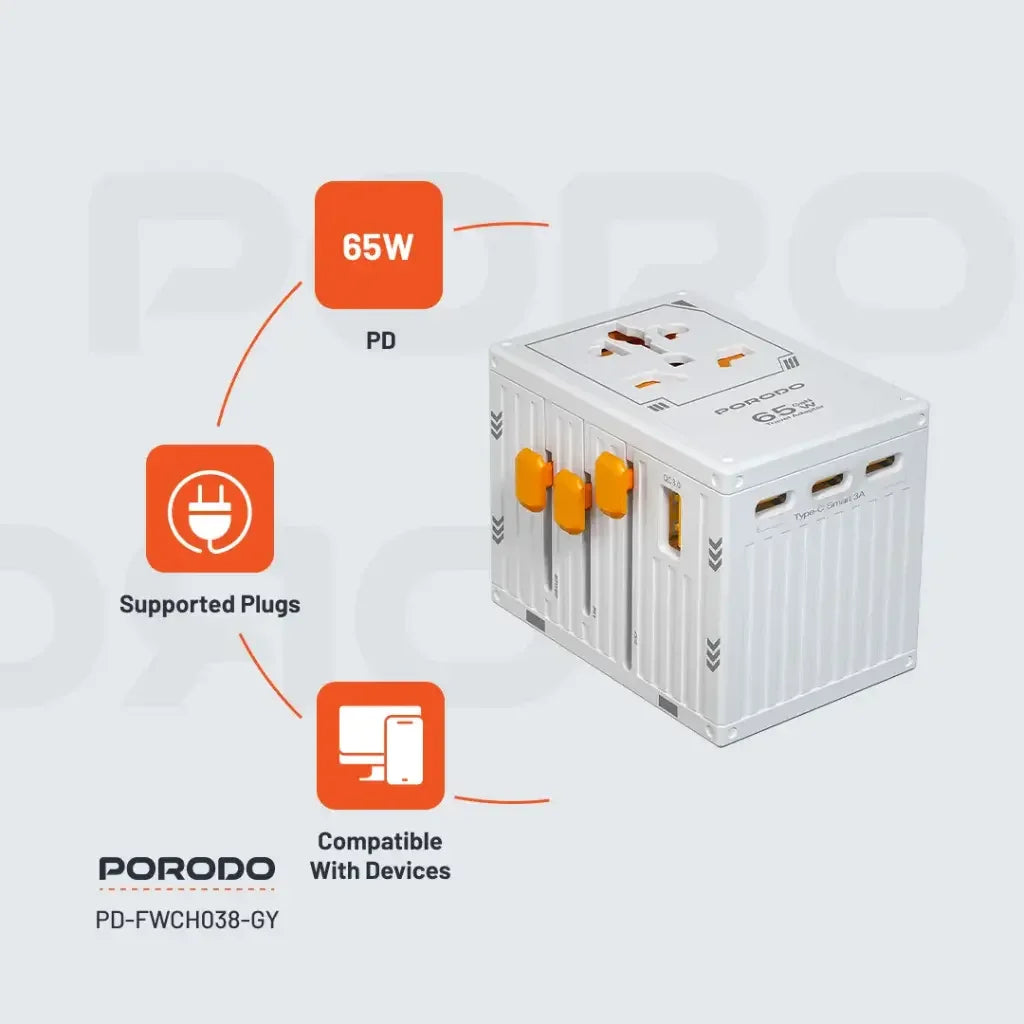 PD-FWCH038-WH , Porodo Fwc038 Gan 5-Port Travel Block Universal Charger Pd65w-White