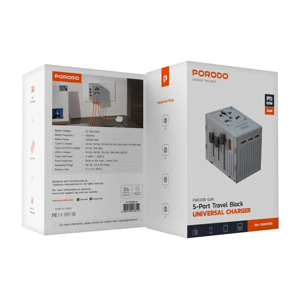 PD-FWCH038-GY , Porodo Fwc038 Gan 5-Port Travel Block Universal Charger-Grey