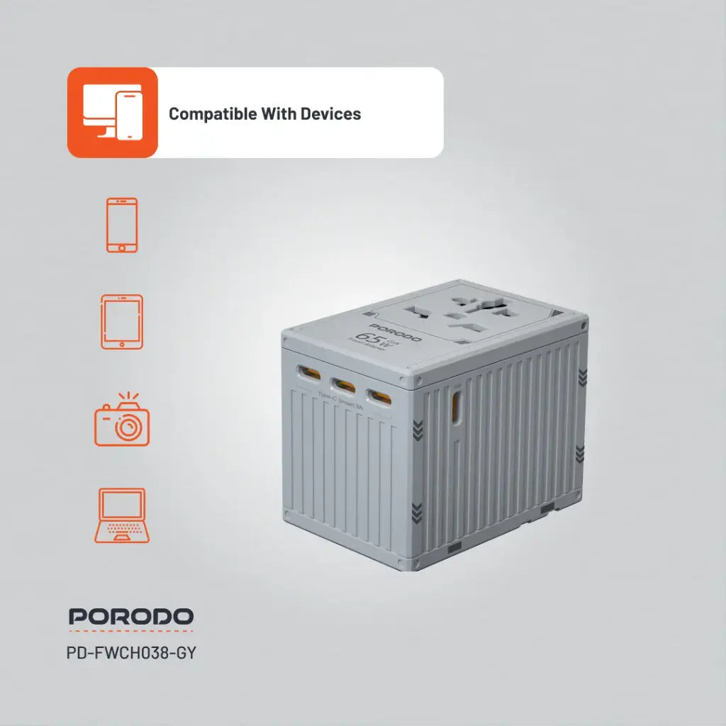 PD-FWCH038-GY , Porodo Fwc038 Gan 5-Port Travel Block Universal Charger-Grey