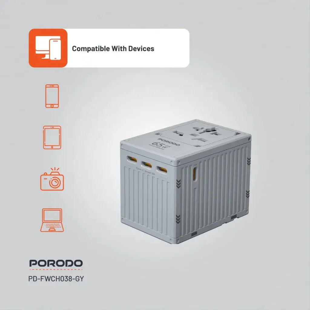 PD-FWCH038-GY , Porodo Fwc038 Gan 5-Port Travel Block Universal Charger-Grey